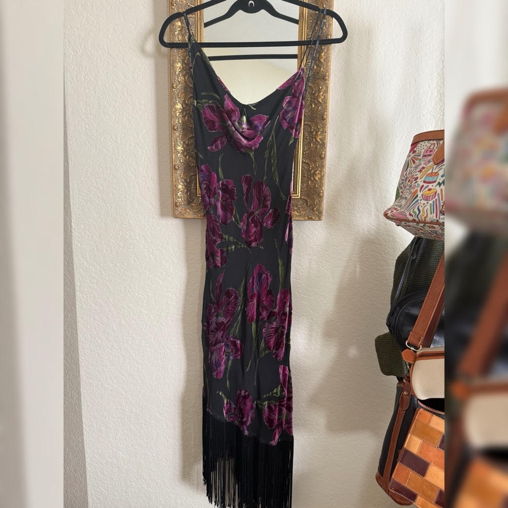 Vintage Betsy Johnson floral velvet fringe biased dress